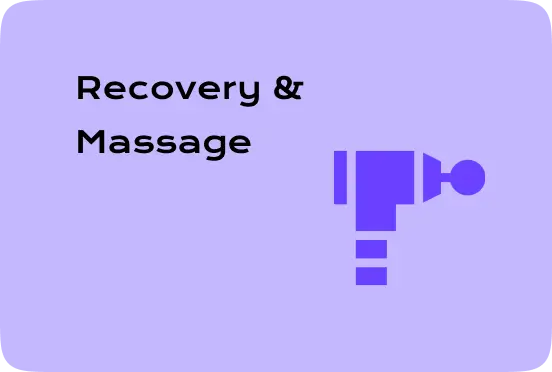 Recovery and massage tools including guns, foam rollers, and therapy balls for muscle care.